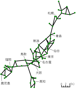 1965年鉄道所要時間距離カルトグラム