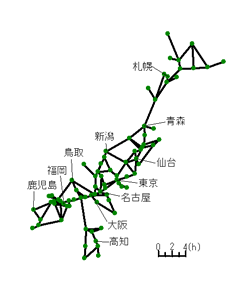 1975年鉄道所要時間距離カルトグラム