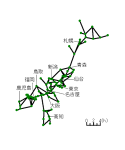 1985年鉄道所要時間距離カルトグラム