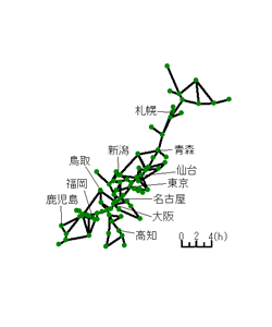 1995年鉄道所要時間距離カルトグラム